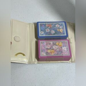 VTG Hoyle Dual Deck Floral Playing Cards Pink Blue Leather Faux Case Sun Capers